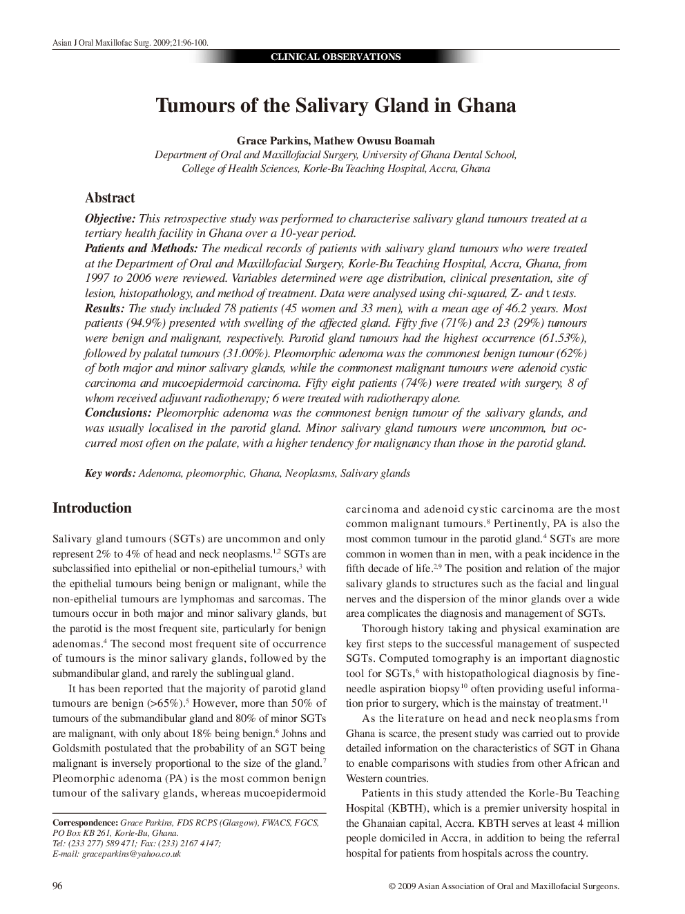 Tumours of the Salivary Gland in Ghana
