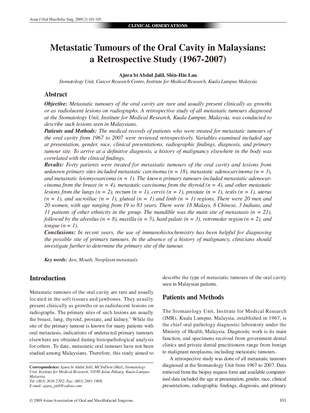 Metastatic Tumours of the Oral Cavity in Malaysians: a Retrospective Study (1967–2007)
