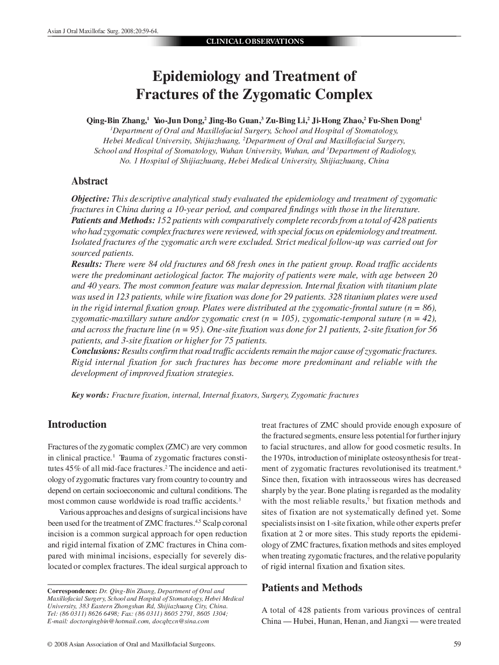 Epidemiology and Treatment of Fractures of the Zygomatic Complex