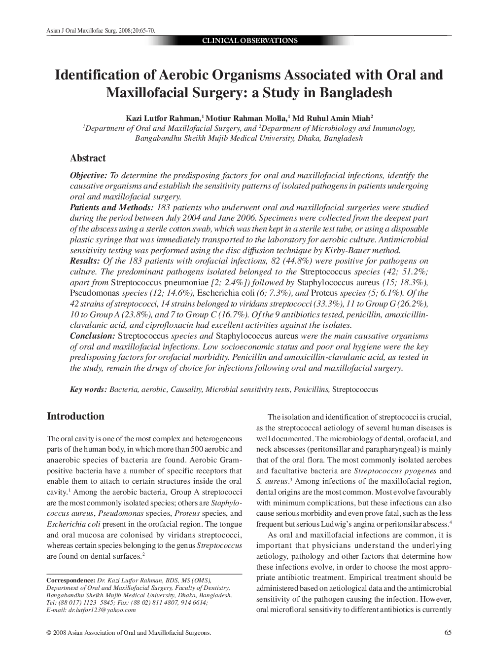 Identification of Aerobic Organisms Associated with Oral and Maxillofacial Surgery: a Study in Bangladesh