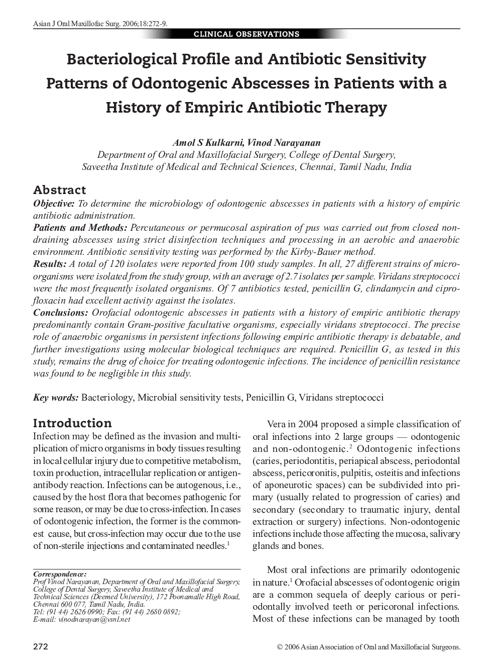 Bacteriological Profile and Antibiotic Sensitivity Patterns of Odontogenic Abscesses in Patients with a History of Empiric Antibiotic Therapy