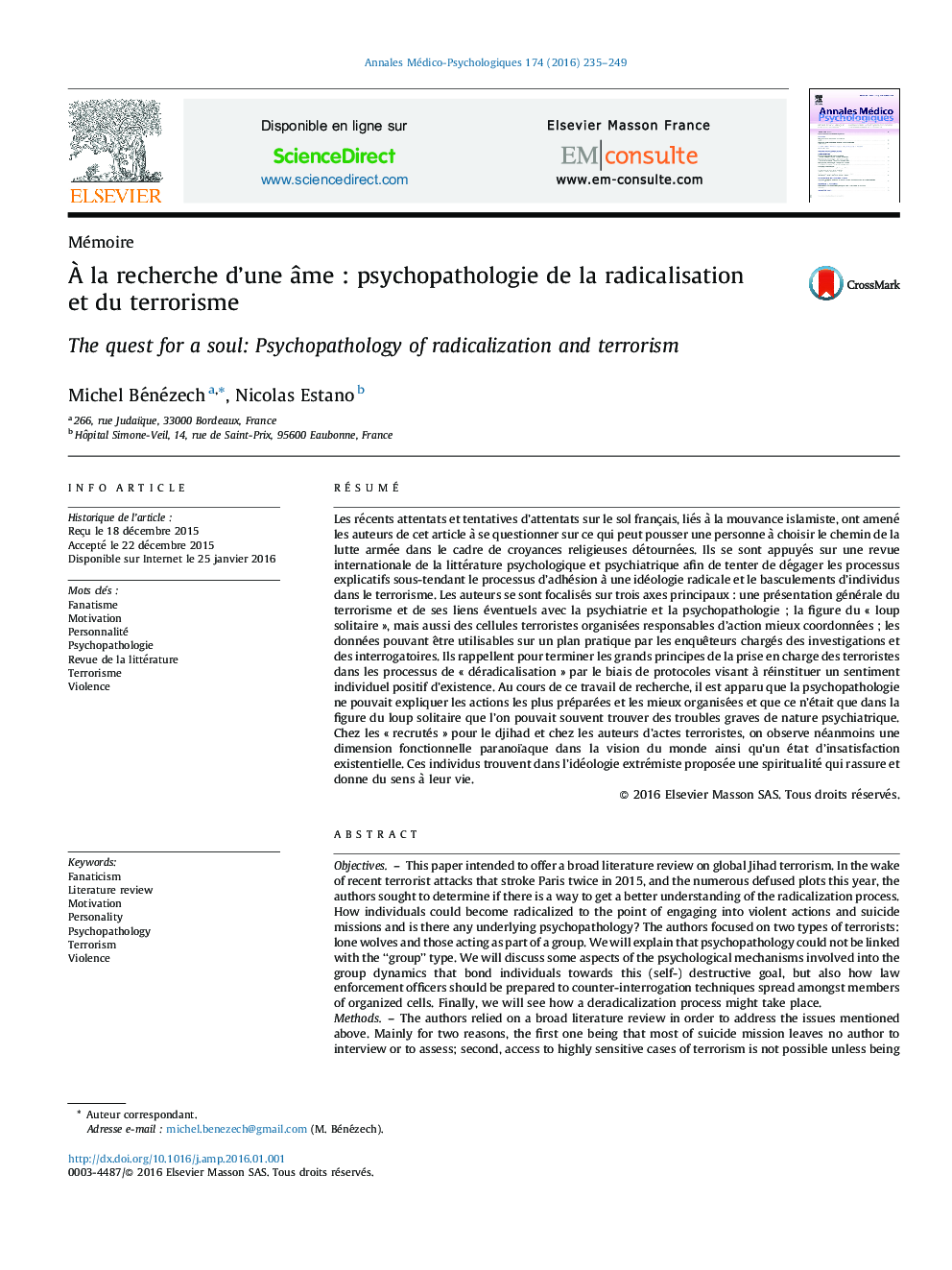 عکس صفحه اول مقاله: À la recherche d’une âme : psychopathologie de la radicalisation et du terrorisme À la recherche d’une âme : psychopathologie de la radicalisation et du terrorisme