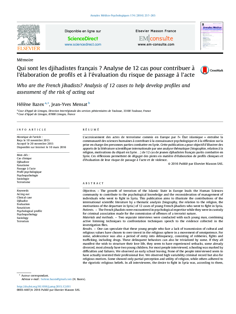 عکس صفحه اول مقاله: Qui sont les djihadistes français ? Analyse de 12 cas pour contribuer à l’élaboration de profils et à l’évaluation du risque de passage à l’acte Qui sont les djihadistes français ? Analyse de 12 cas pour contribuer à l’élaboration de profils et à l’évaluation du risque de passage à l’acte