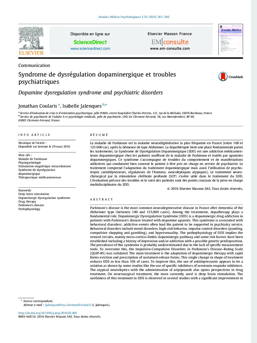 عکس صفحه اول مقاله: Syndrome de dysrégulation dopaminergique et troubles psychiatriques Syndrome de dysrégulation dopaminergique et troubles psychiatriques