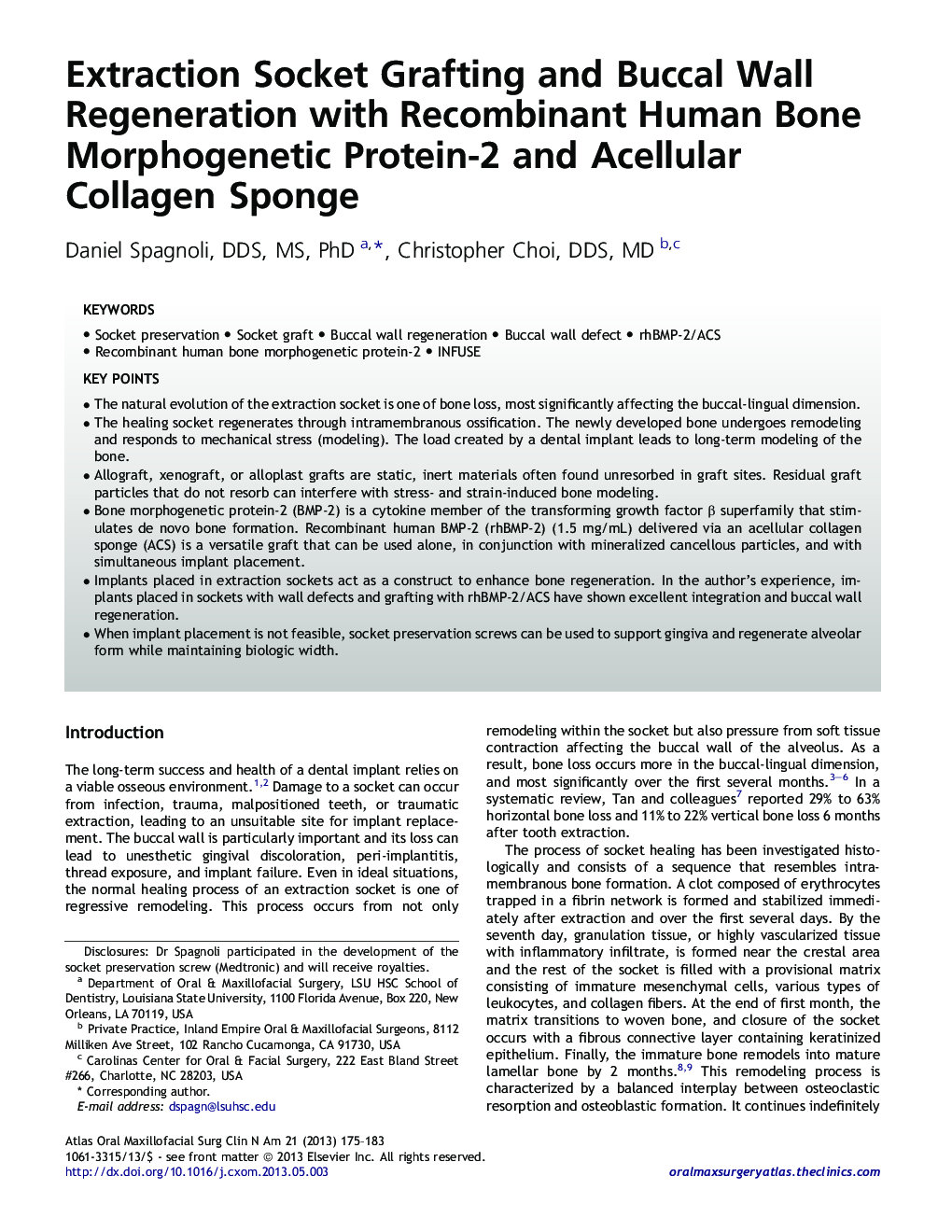 Extraction Socket Grafting and Buccal Wall Regeneration with Recombinant Human Bone Morphogenetic Protein-2 and Acellular Collagen Sponge