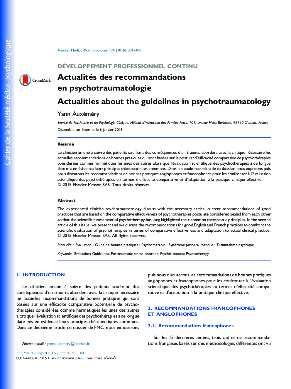 عکس صفحه اول مقاله: Actualités des recommandations en psychotraumatologie Actualités des recommandations en psychotraumatologie