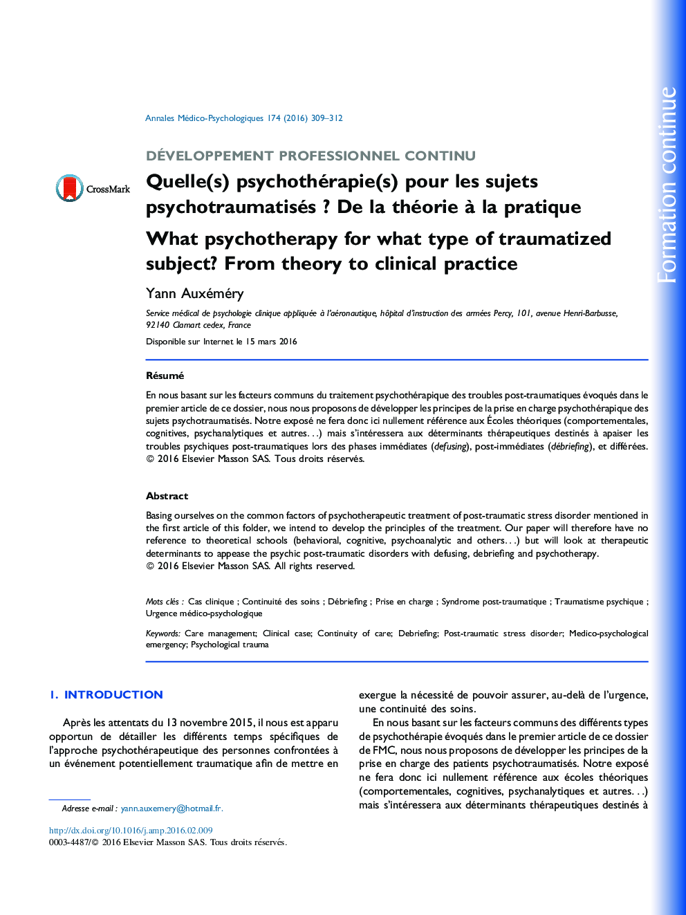 عکس صفحه اول مقاله: Quelle(s) psychothérapie(s) pour les sujets psychotraumatisés ? De la théorie à la pratique Quelle(s) psychothérapie(s) pour les sujets psychotraumatisés ? De la théorie à la pratique