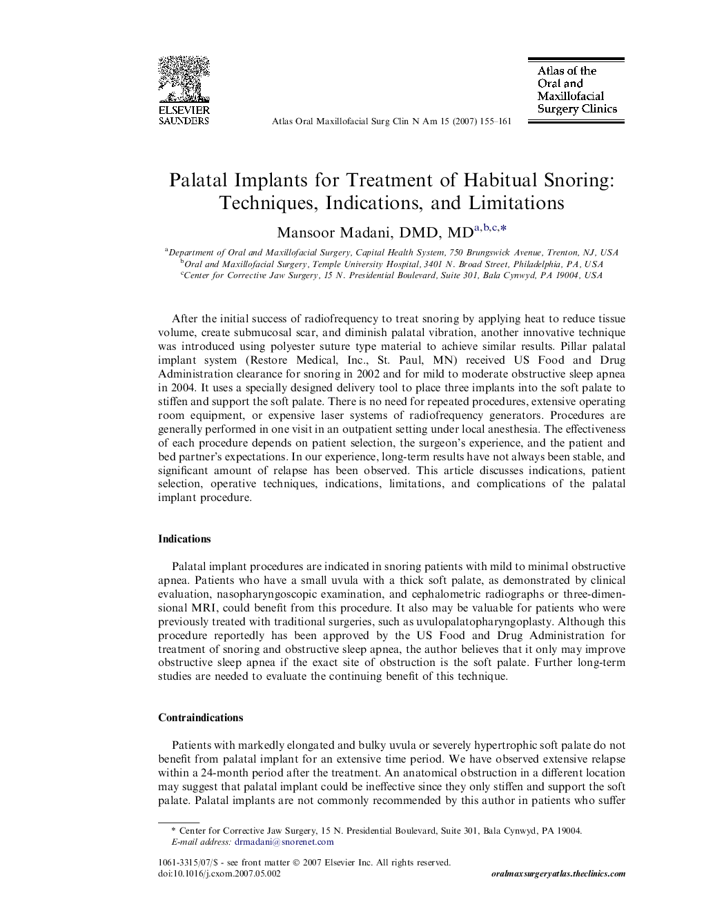 Palatal Implants for Treatment of Habitual Snoring: Techniques, Indications, and Limitations