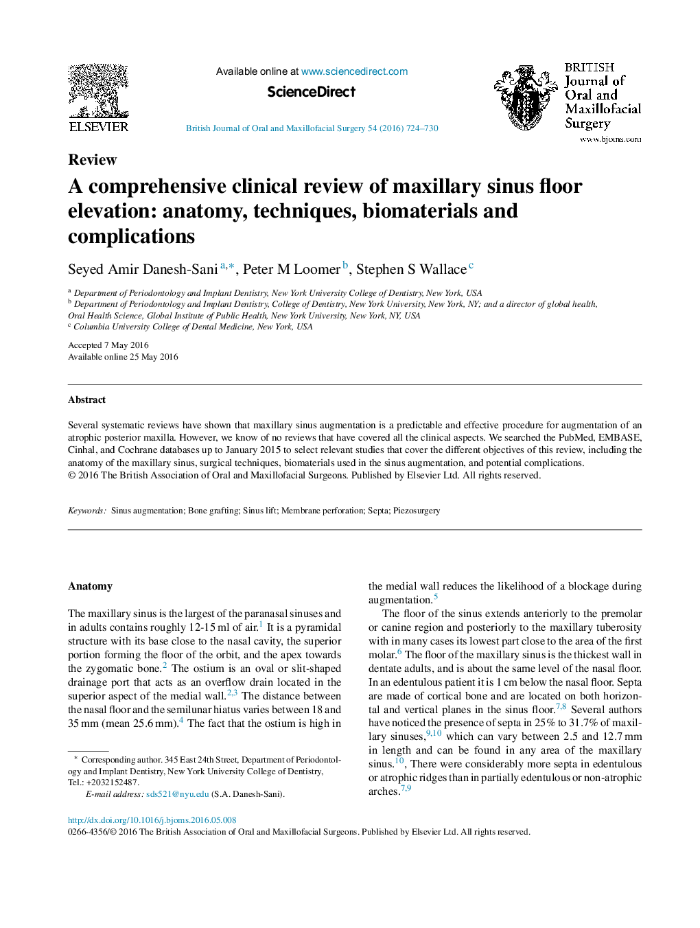 A comprehensive clinical review of maxillary sinus floor elevation: anatomy, techniques, biomaterials and complications