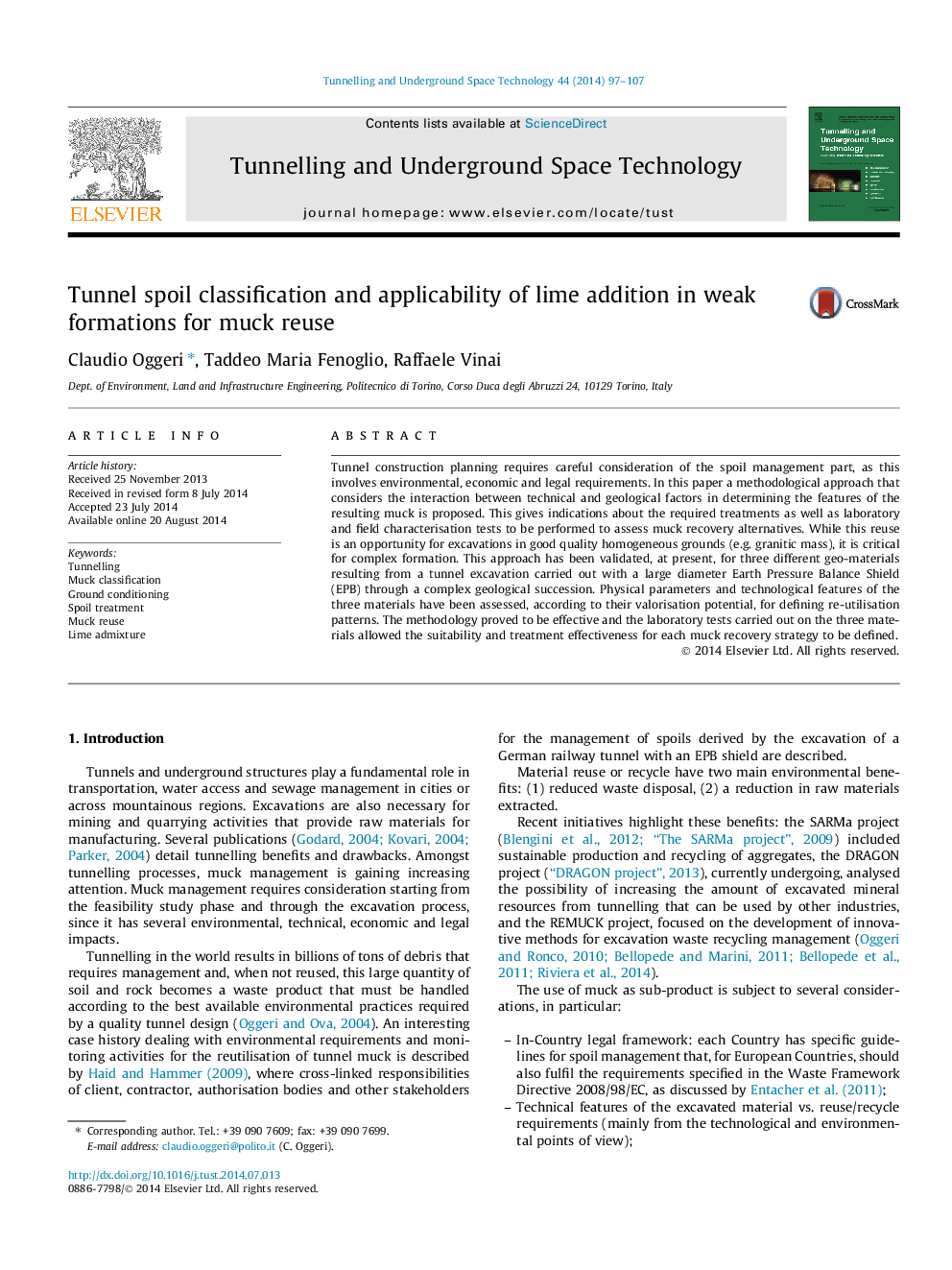 Tunnel spoil classification and applicability of lime addition in weak formations for muck reuse