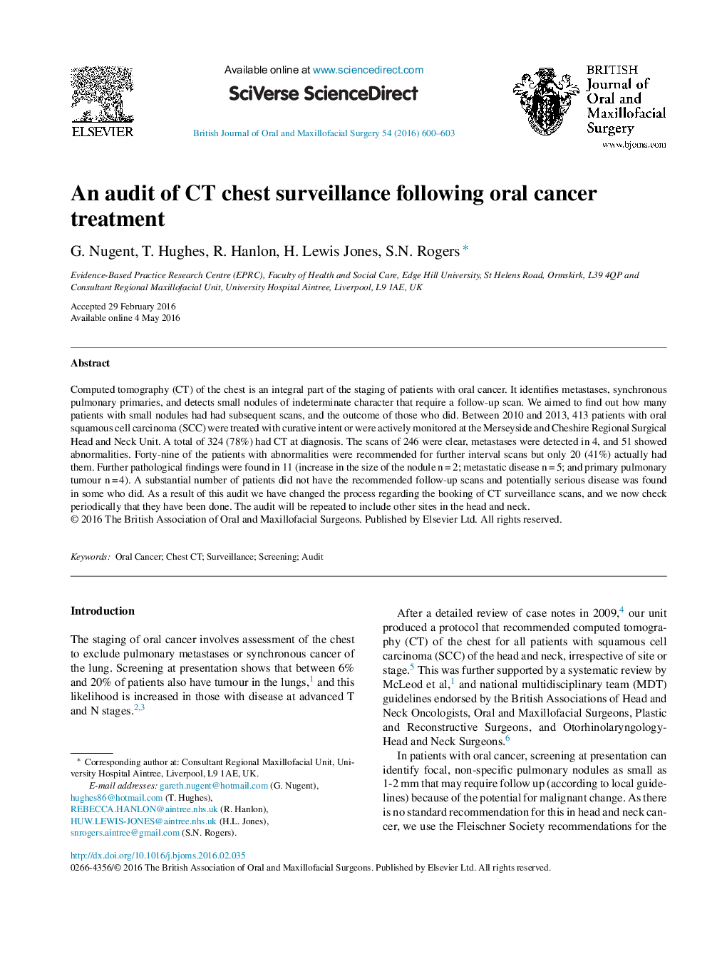 An audit of CT chest surveillance following oral cancer treatment