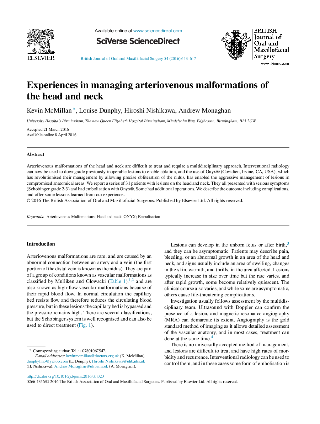 Experiences in managing arteriovenous malformations of the head and neck