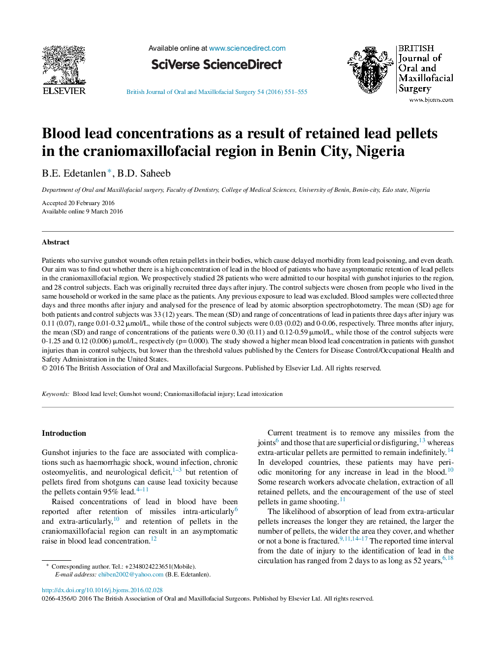 Blood lead concentrations as a result of retained lead pellets in the craniomaxillofacial region in Benin City, Nigeria