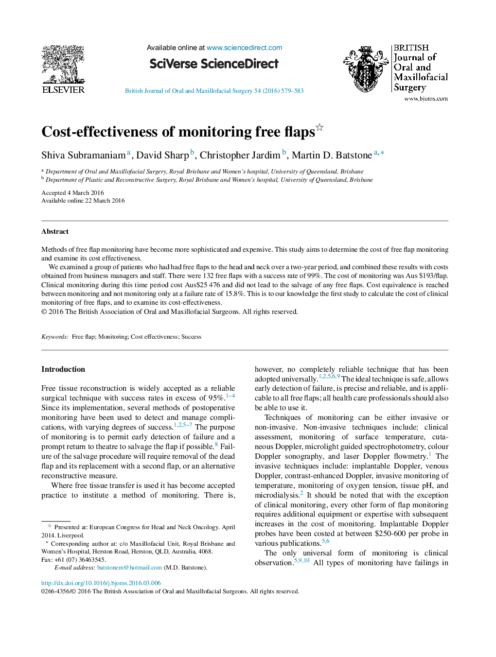 Cost-effectiveness of monitoring free flaps 