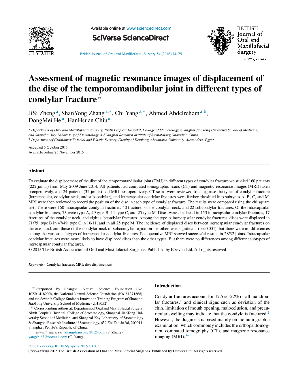 Assessment of magnetic resonance images of displacement of the disc of the temporomandibular joint in different types of condylar fracture 