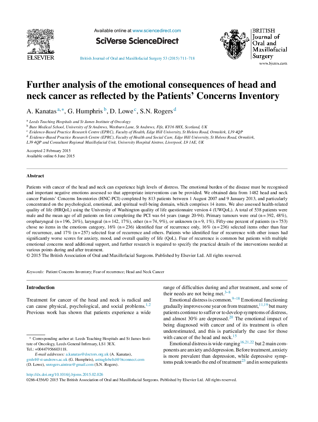 Further analysis of the emotional consequences of head and neck cancer as reflected by the Patients’ Concerns Inventory