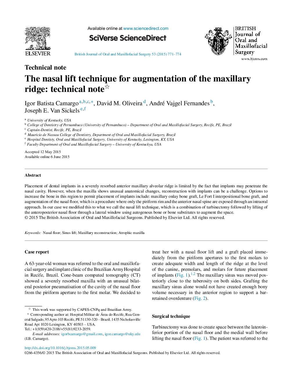 The nasal lift technique for augmentation of the maxillary ridge: technical note 