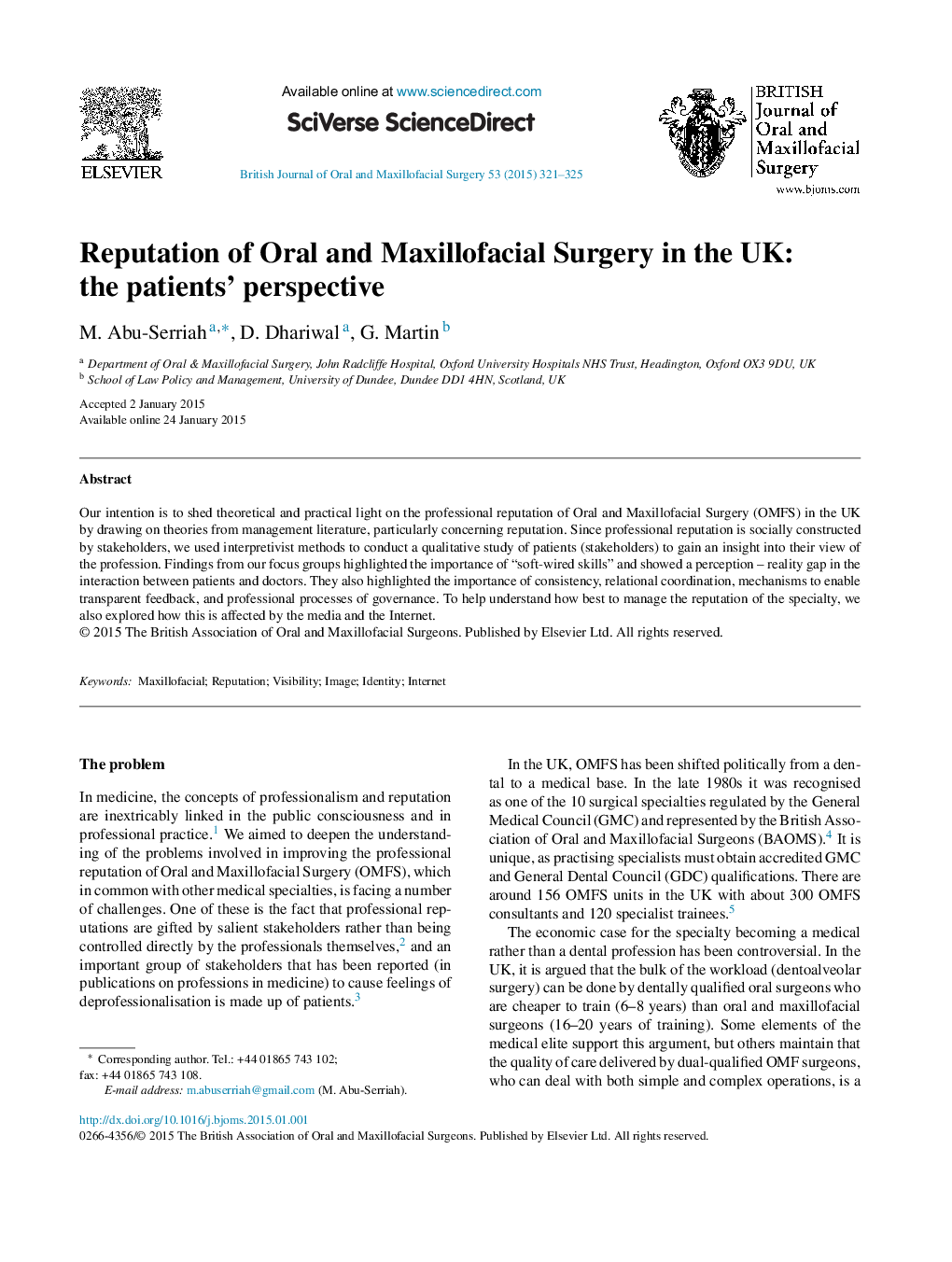 Reputation of Oral and Maxillofacial Surgery in the UK: the patients’ perspective