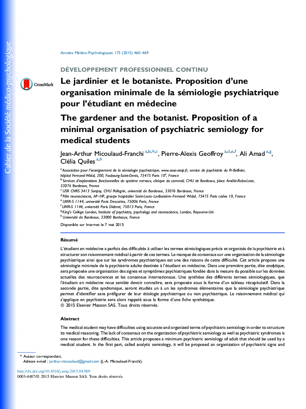 Le jardinier et le botaniste. Proposition d’une organisation minimale de la sémiologie psychiatrique pour l’étudiant en médecine