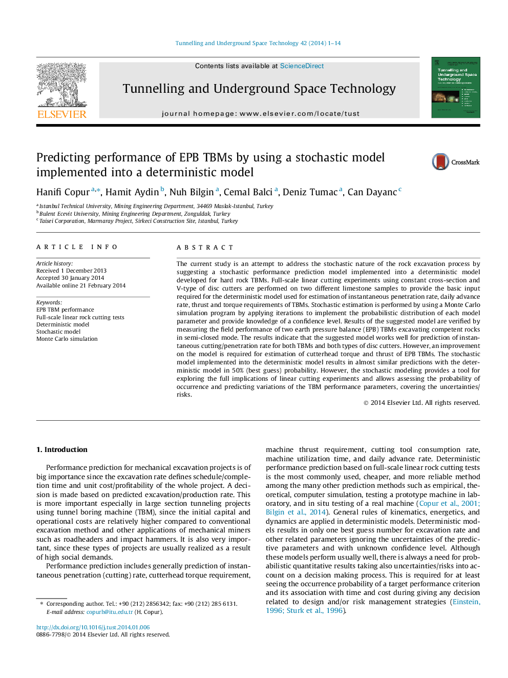 عکس صفحه اول مقاله: Predicting performance of EPB TBMs by using a stochastic model implemented into a deterministic model Predicting performance of EPB TBMs by using a stochastic model implemented into a deterministic model