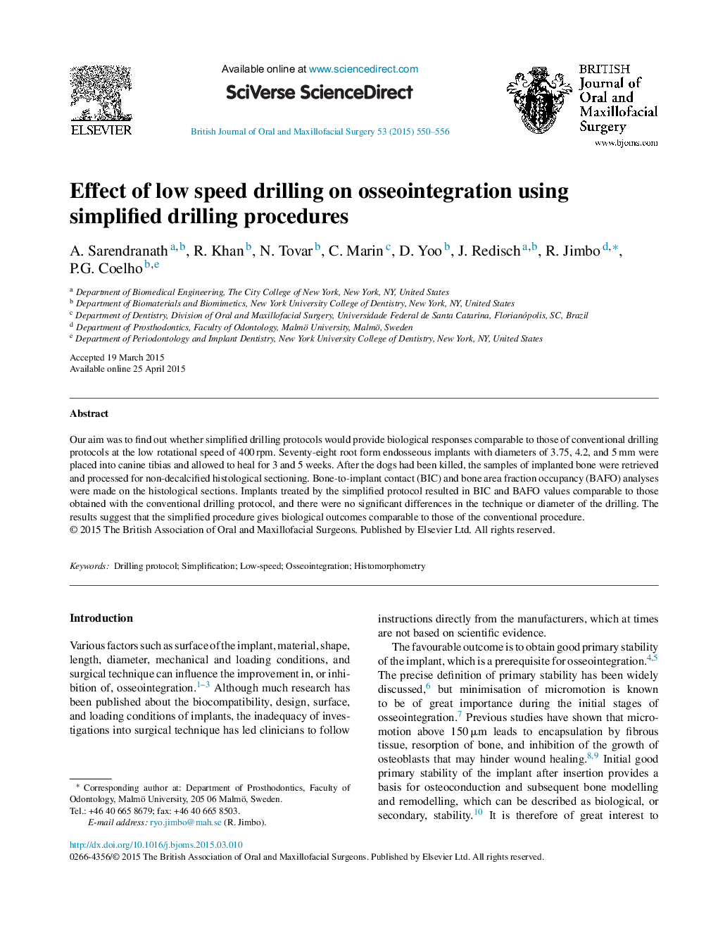 Effect of low speed drilling on osseointegration using simplified drilling procedures