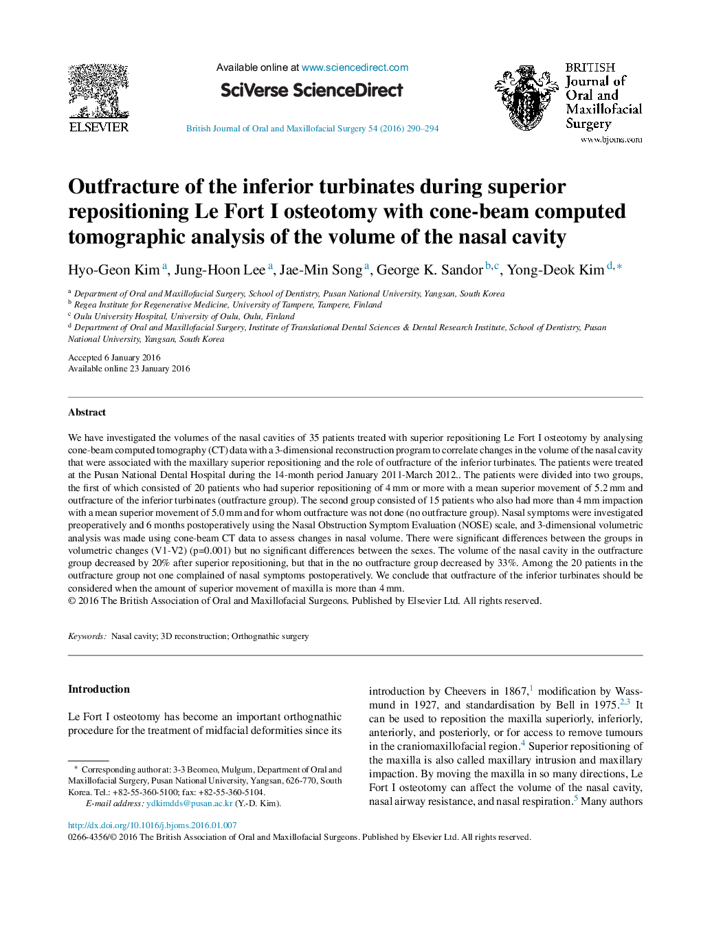 Outfracture of the inferior turbinates during superior repositioning Le Fort I osteotomy with cone-beam computed tomographic analysis of the volume of the nasal cavity