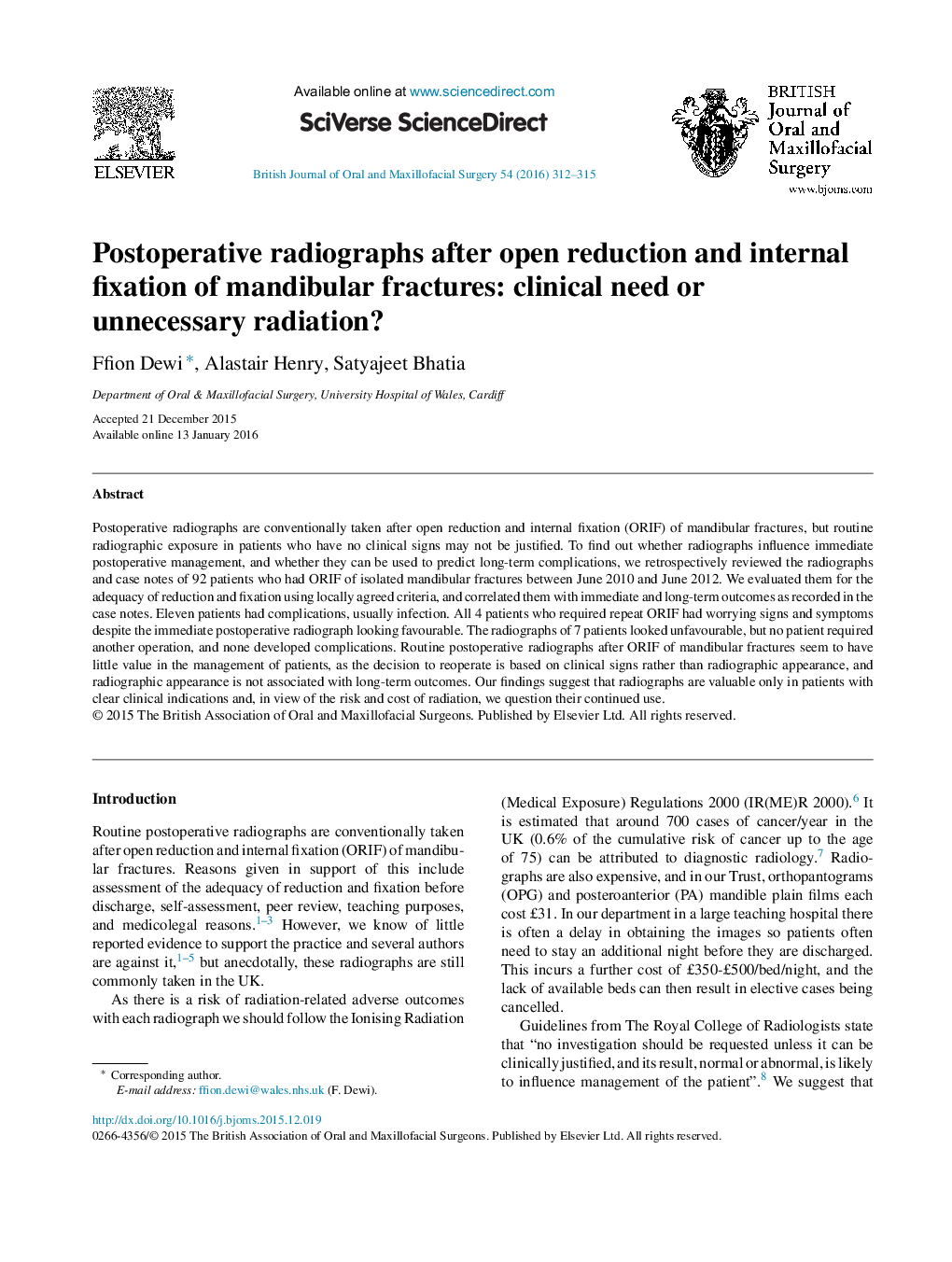 Postoperative radiographs after open reduction and internal fixation of mandibular fractures: clinical need or unnecessary radiation?