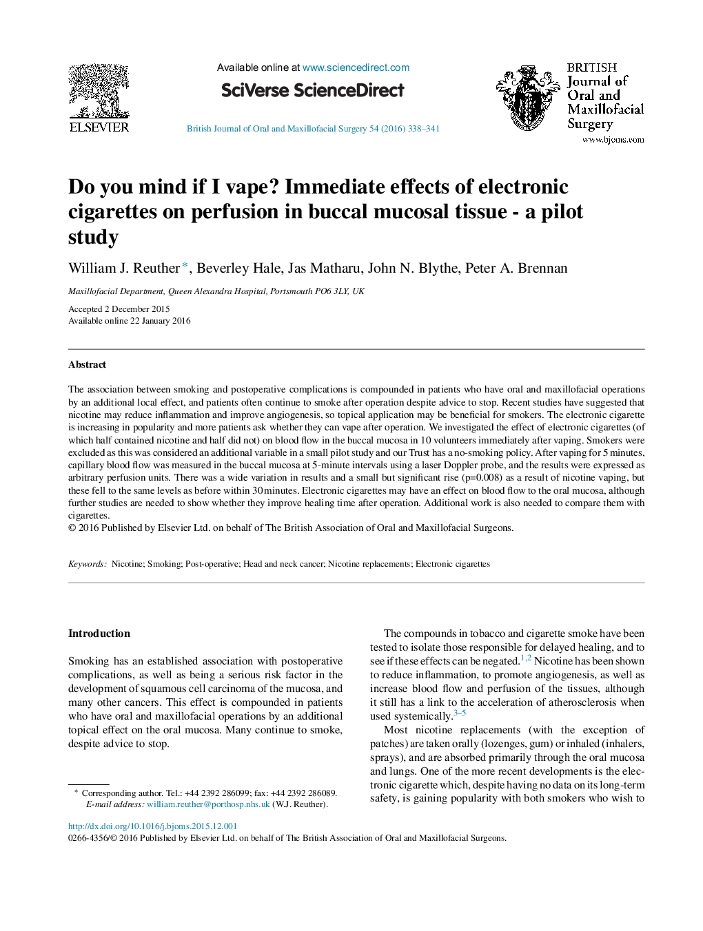 Do you mind if I vape? Immediate effects of electronic cigarettes on perfusion in buccal mucosal tissue - a pilot study