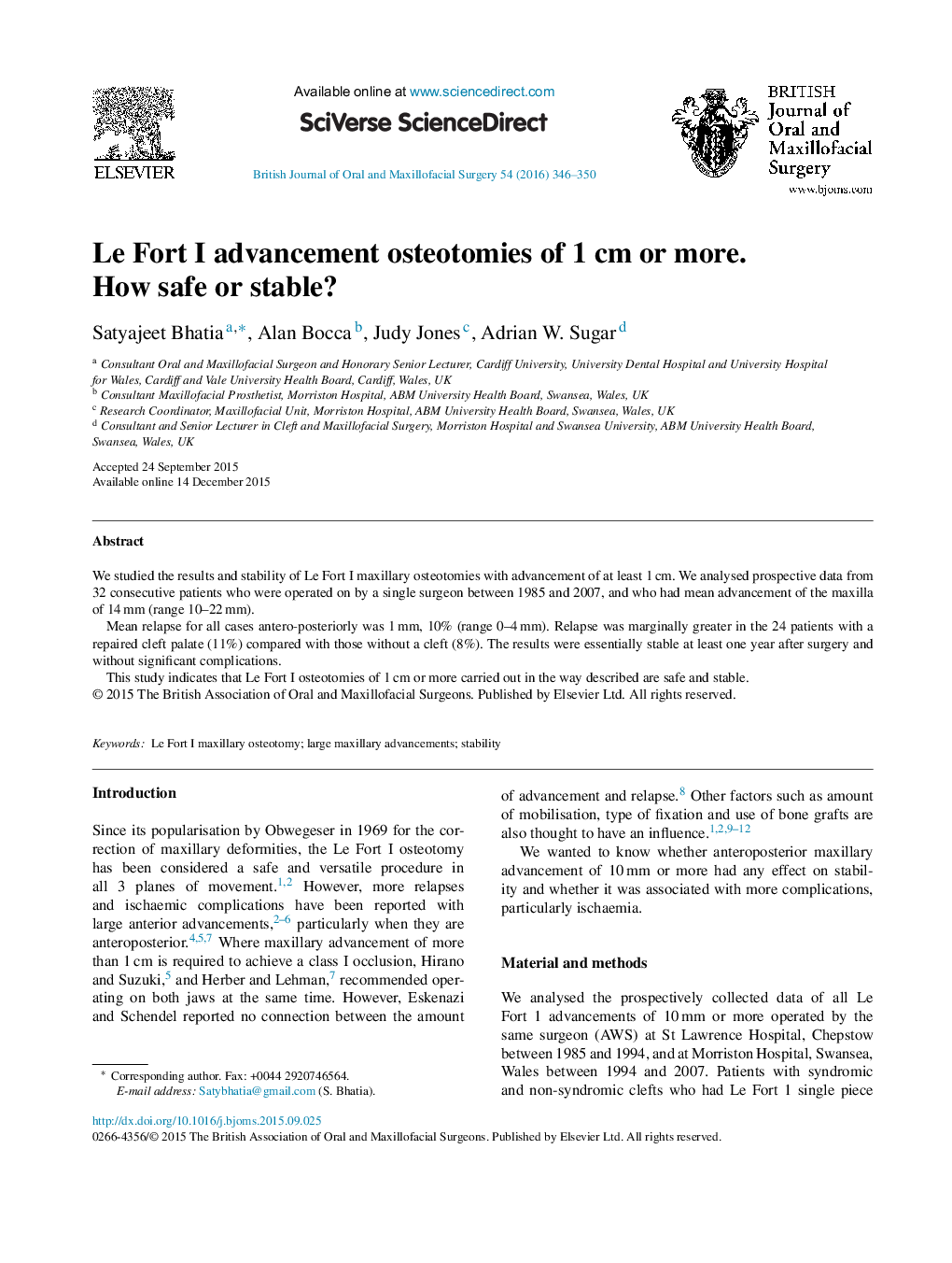 Le Fort I advancement osteotomies of 1 cm or more. How safe or stable?