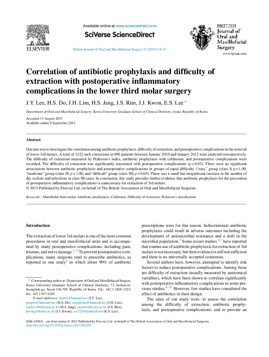 Correlation of antibiotic prophylaxis and difficulty of extraction with postoperative inflammatory complications in the lower third molar surgery