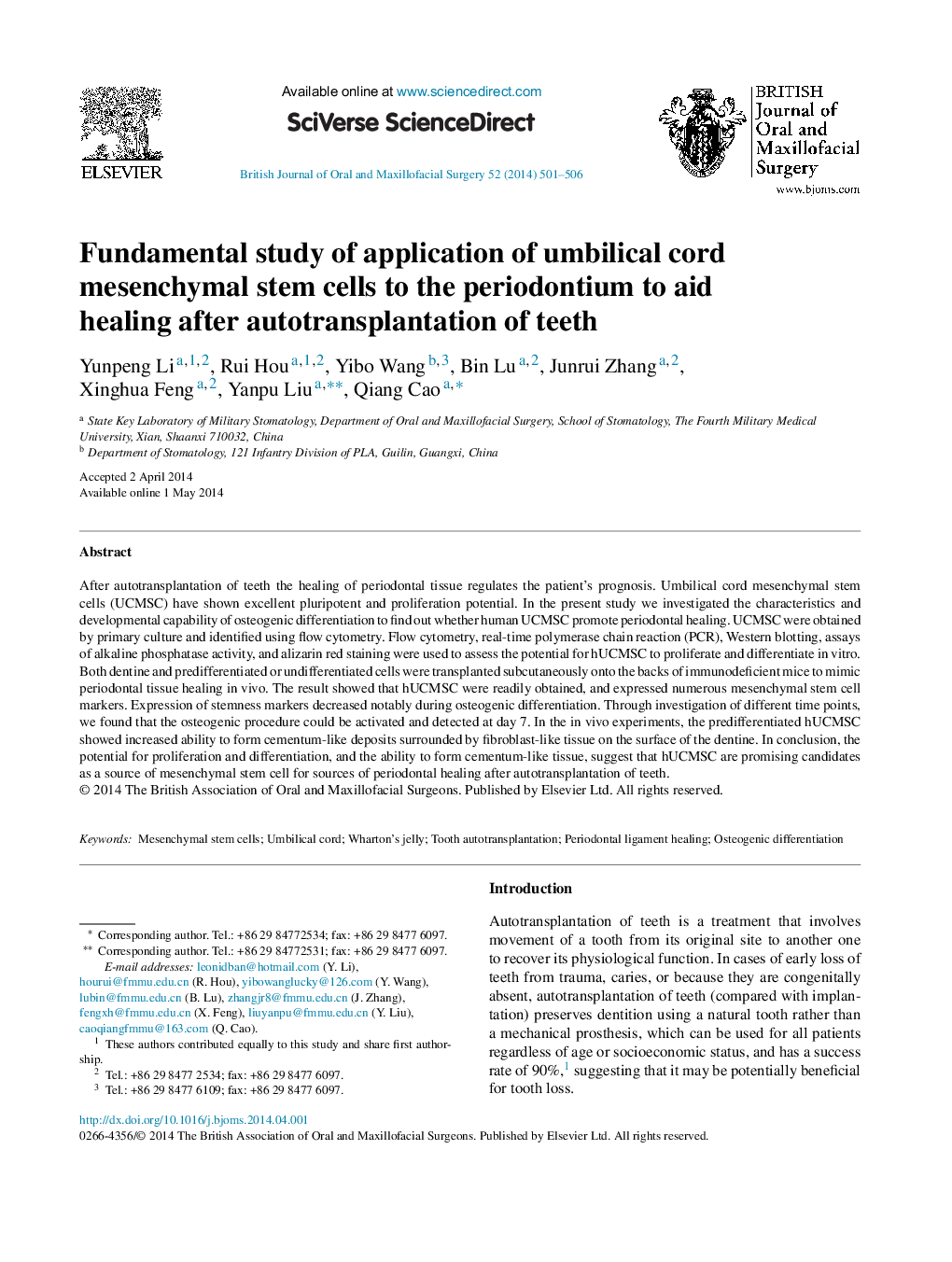 Fundamental study of application of umbilical cord mesenchymal stem cells to the periodontium to aid healing after autotransplantation of teeth