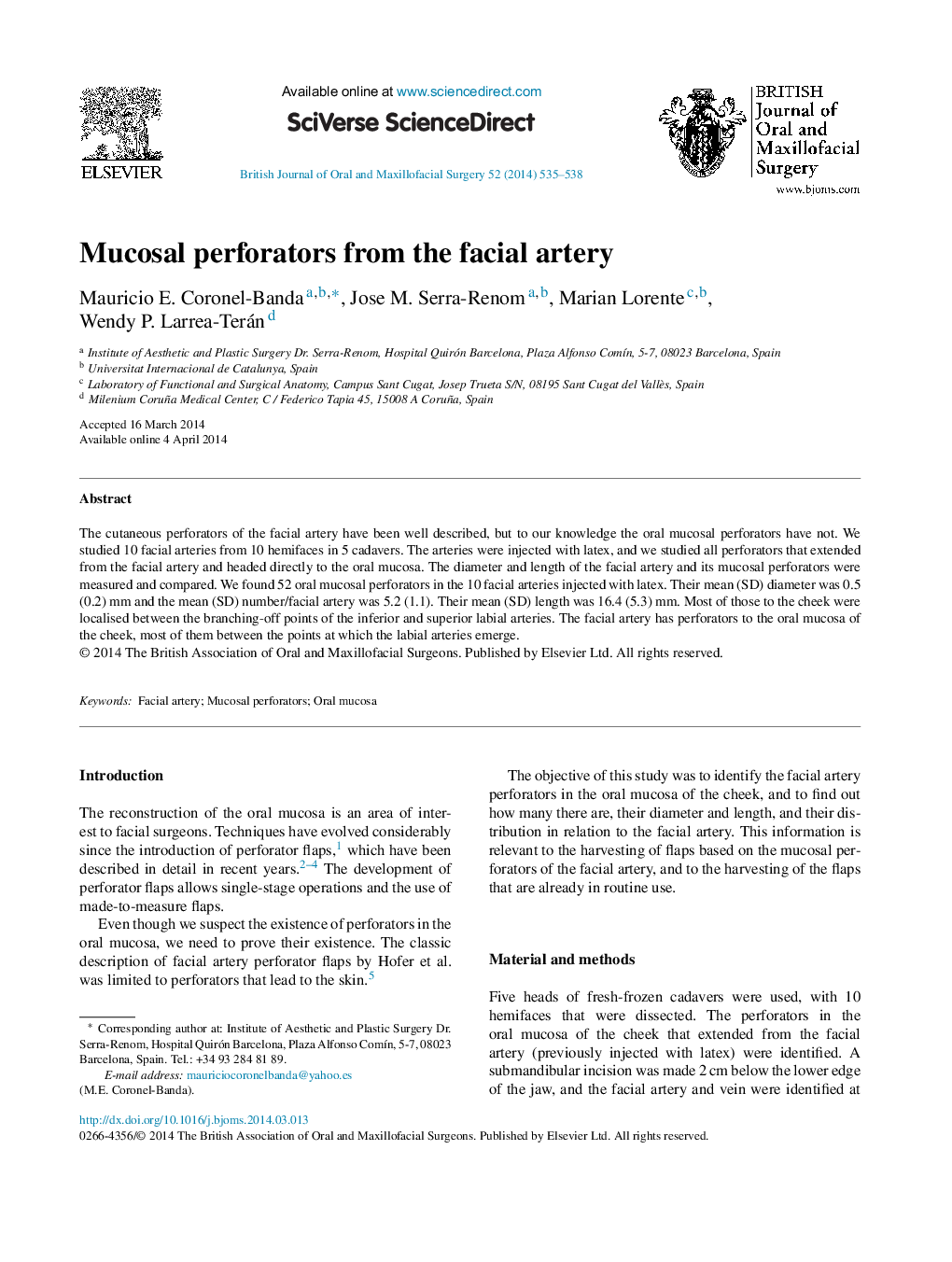 Mucosal perforators from the facial artery