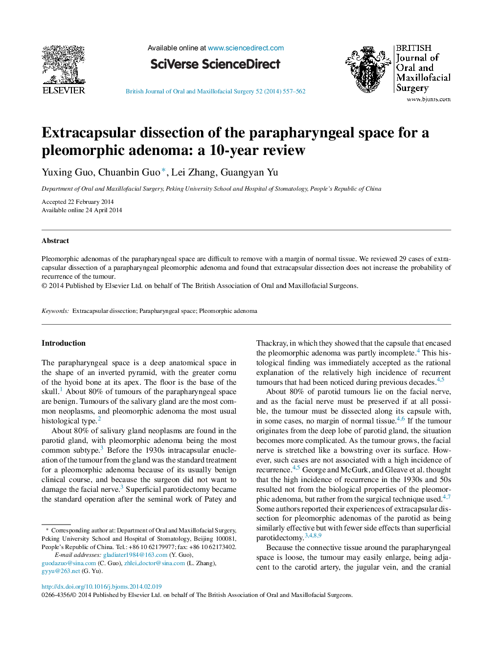 جداسازی غده فوق کلیوی از فضای پارافارینژال برای یک آدنوم پلومورفیک: بررسی 10 ساله 