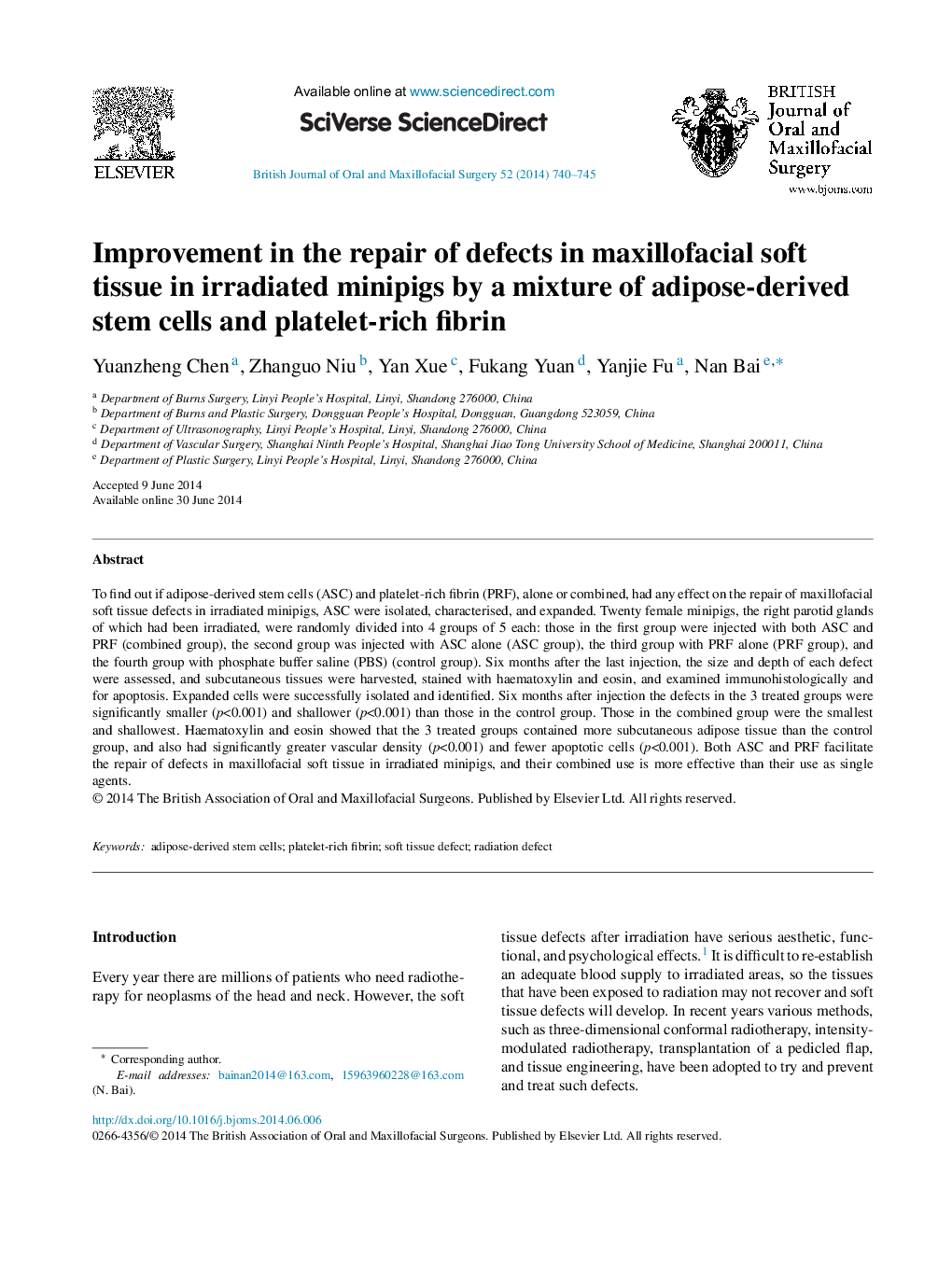 Improvement in the repair of defects in maxillofacial soft tissue in irradiated minipigs by a mixture of adipose-derived stem cells and platelet-rich fibrin