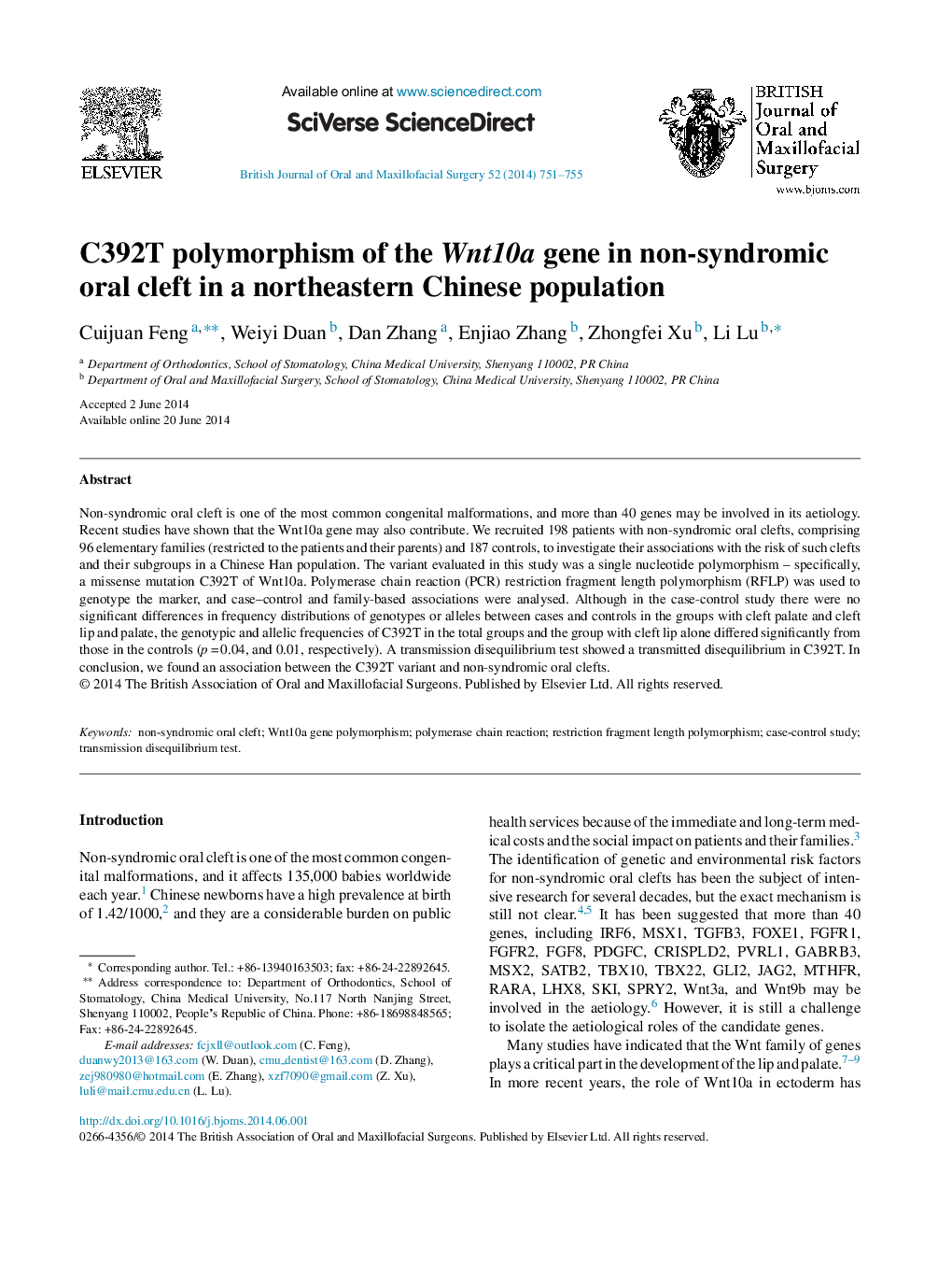 عکس صفحه اول مقاله: C392T polymorphism of the Wnt10a gene in non-syndromic oral cleft in a northeastern Chinese population C392T polymorphism of the Wnt10a gene in non-syndromic oral cleft in a northeastern Chinese population