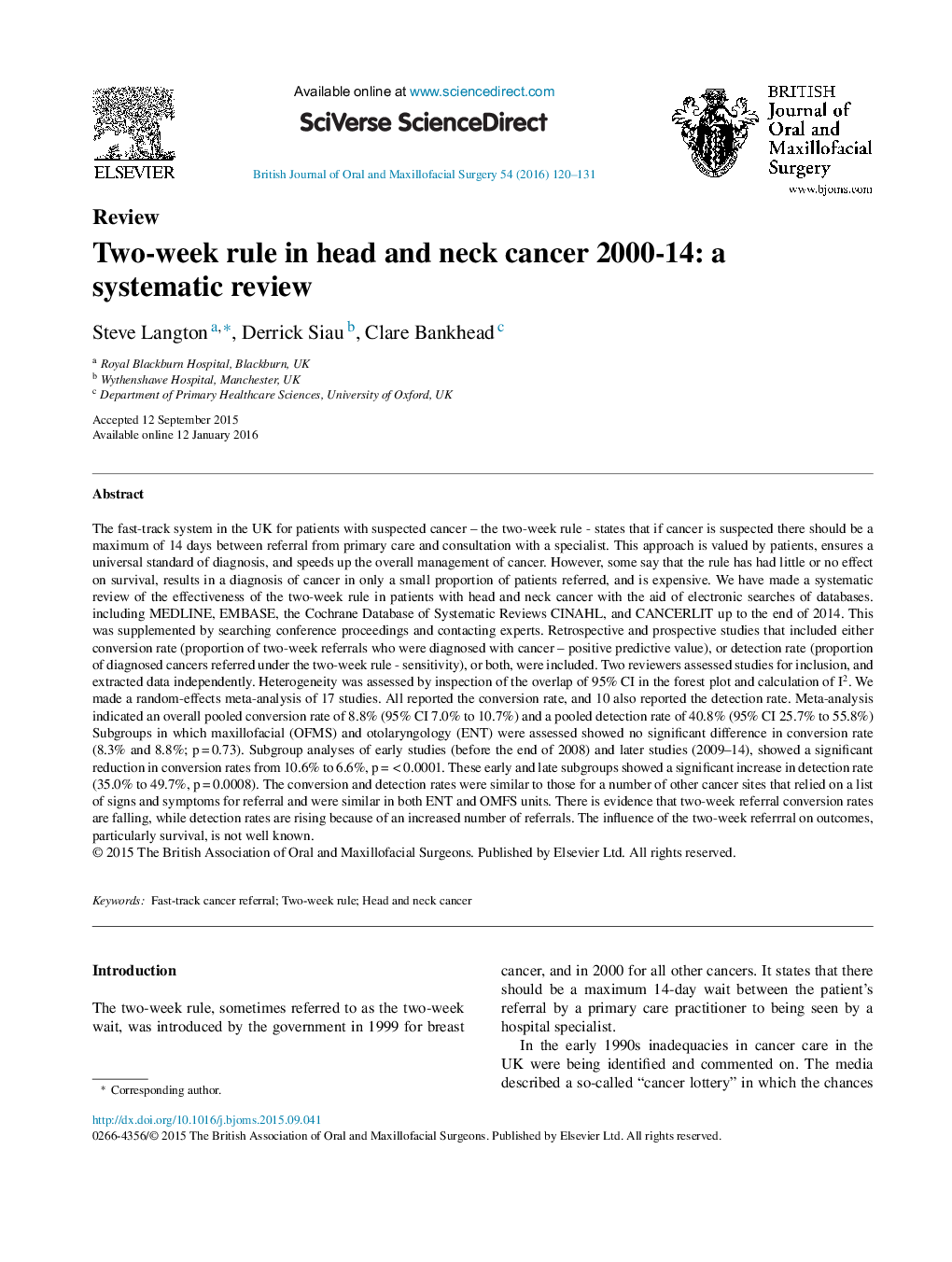 حکم دو هفته ای در سرطان سر و گردن 2000-14: بررسی سیستماتیک 