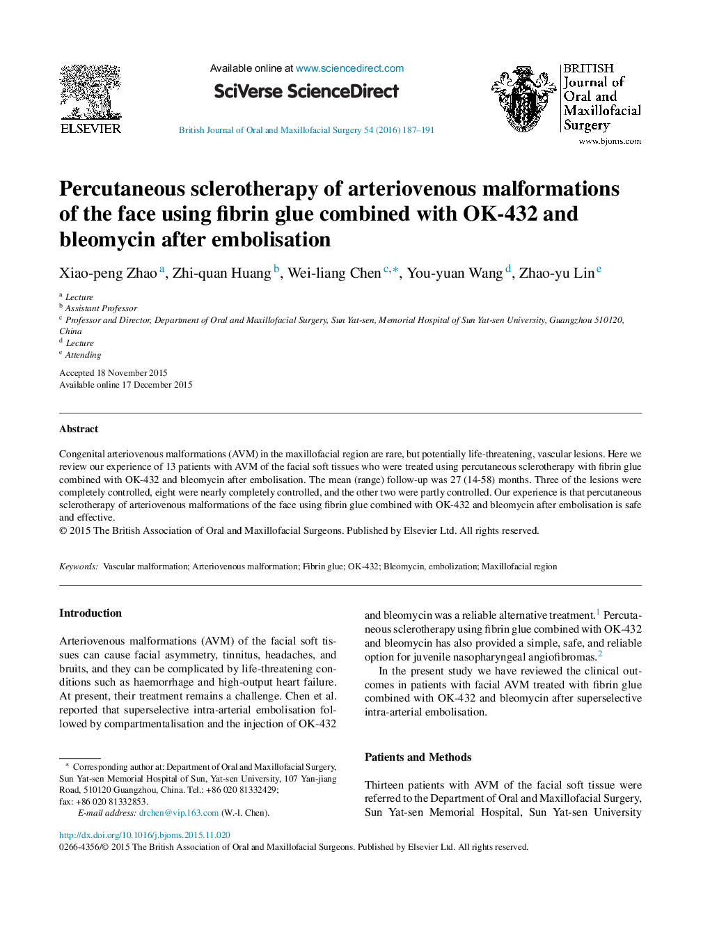 Percutaneous sclerotherapy of arteriovenous malformations of the face using fibrin glue combined with OK-432 and bleomycin after embolisation