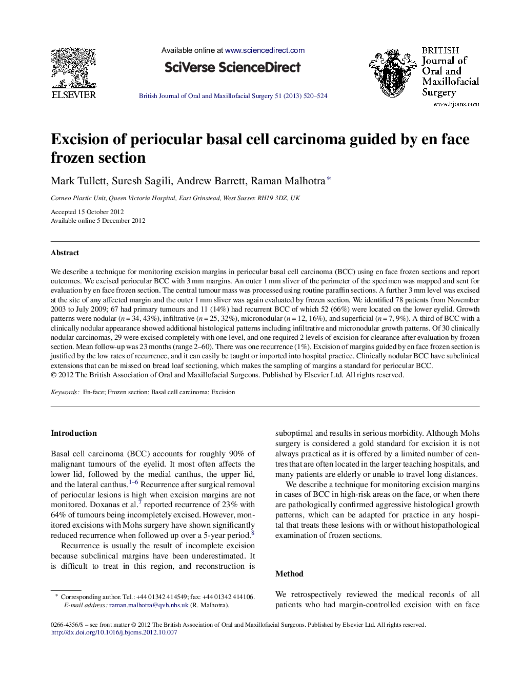 Excision of periocular basal cell carcinoma guided by en face frozen section