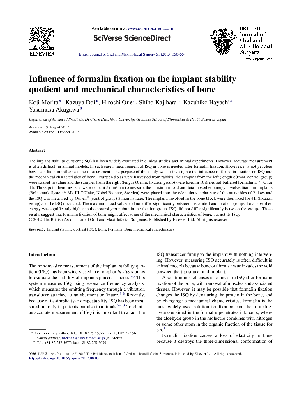 Influence of formalin fixation on the implant stability quotient and mechanical characteristics of bone