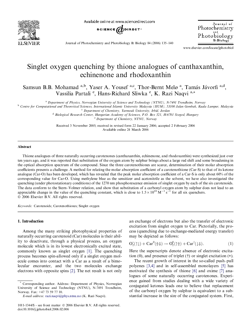 Singlet oxygen quenching by thione analogues of canthaxanthin, echinenone and rhodoxanthin