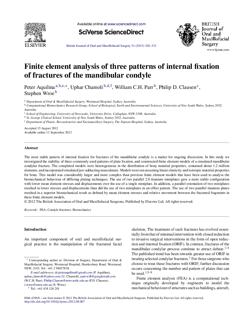 Finite element analysis of three patterns of internal fixation of fractures of the mandibular condyle