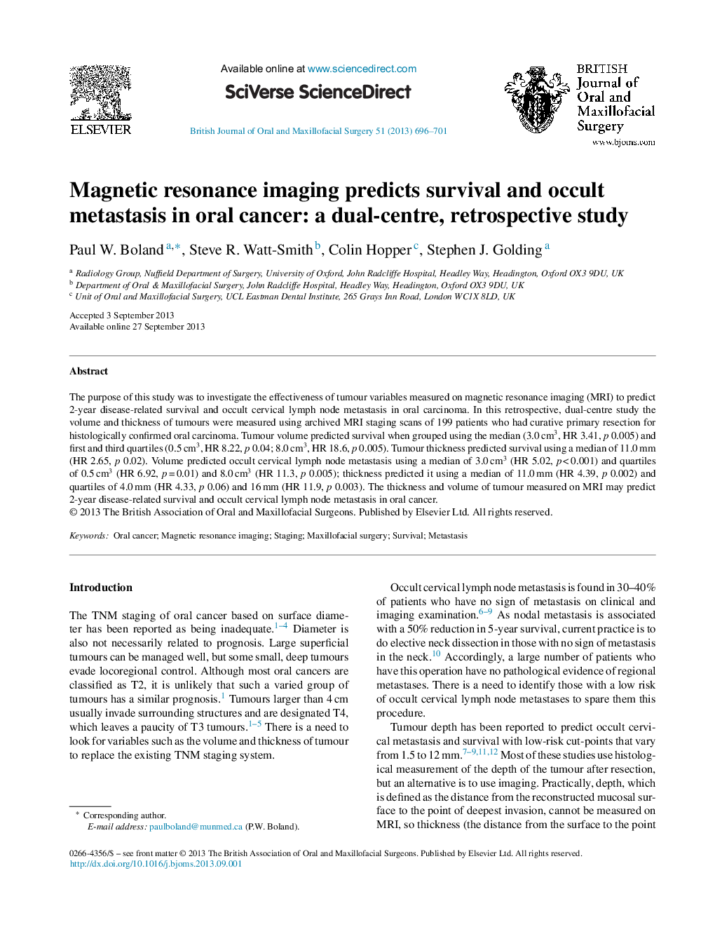 Magnetic resonance imaging predicts survival and occult metastasis in oral cancer: a dual-centre, retrospective study