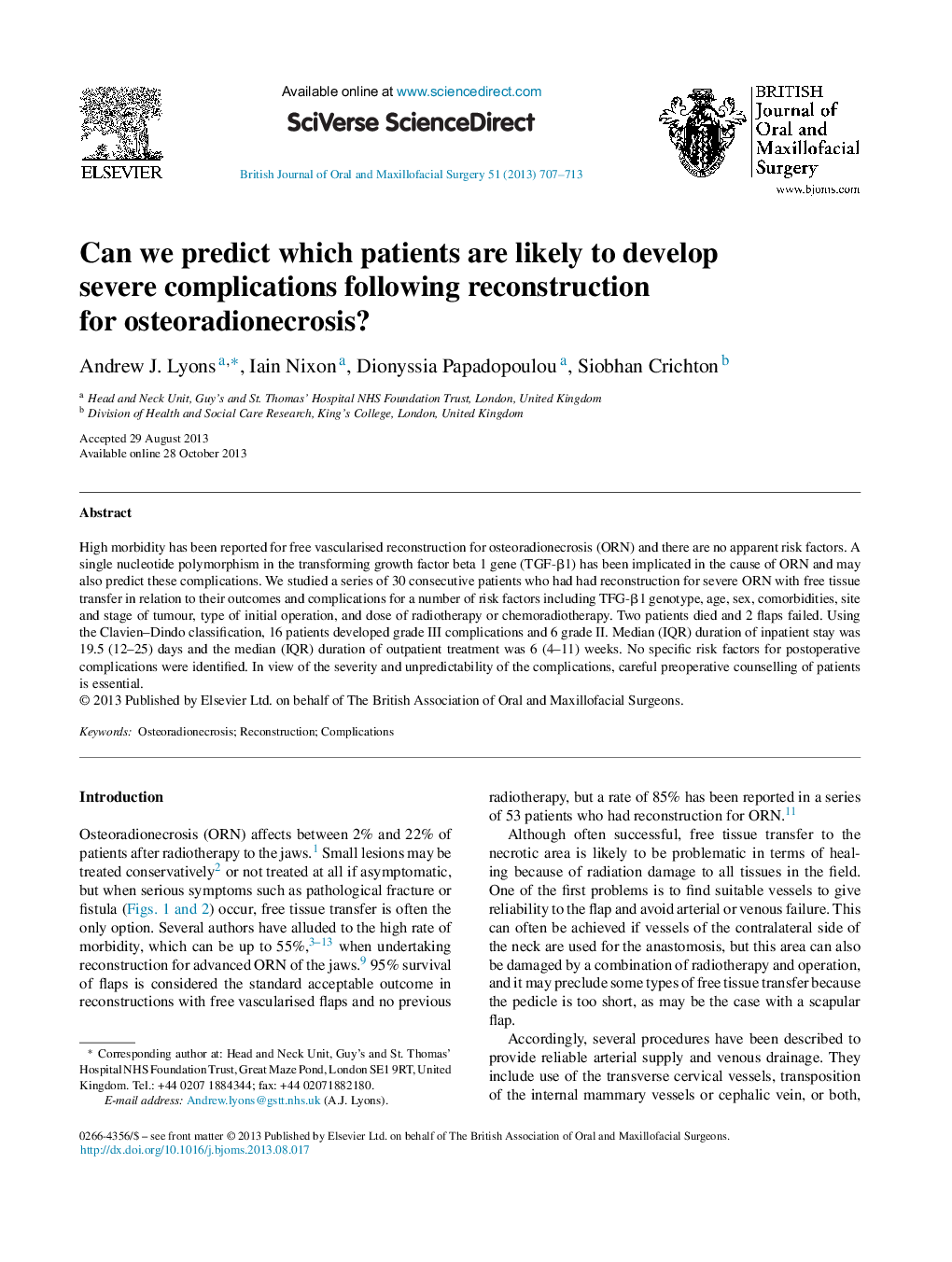 Can we predict which patients are likely to develop severe complications following reconstruction for osteoradionecrosis?