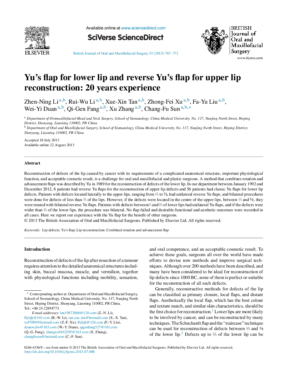 Yu's flap for lower lip and reverse Yu's flap for upper lip reconstruction: 20 years experience