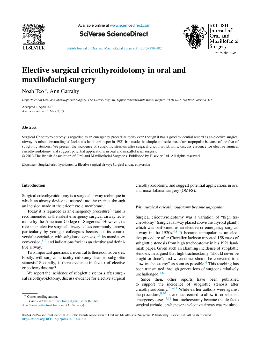 Elective surgical cricothyroidotomy in oral and maxillofacial surgery