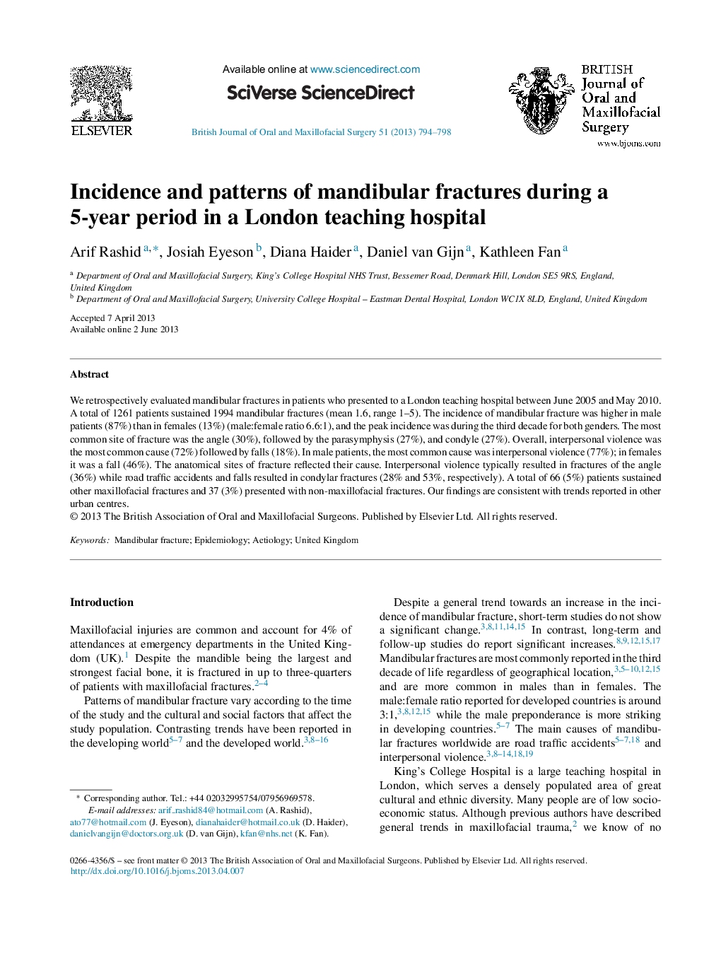 Incidence and patterns of mandibular fractures during a 5-year period in a London teaching hospital