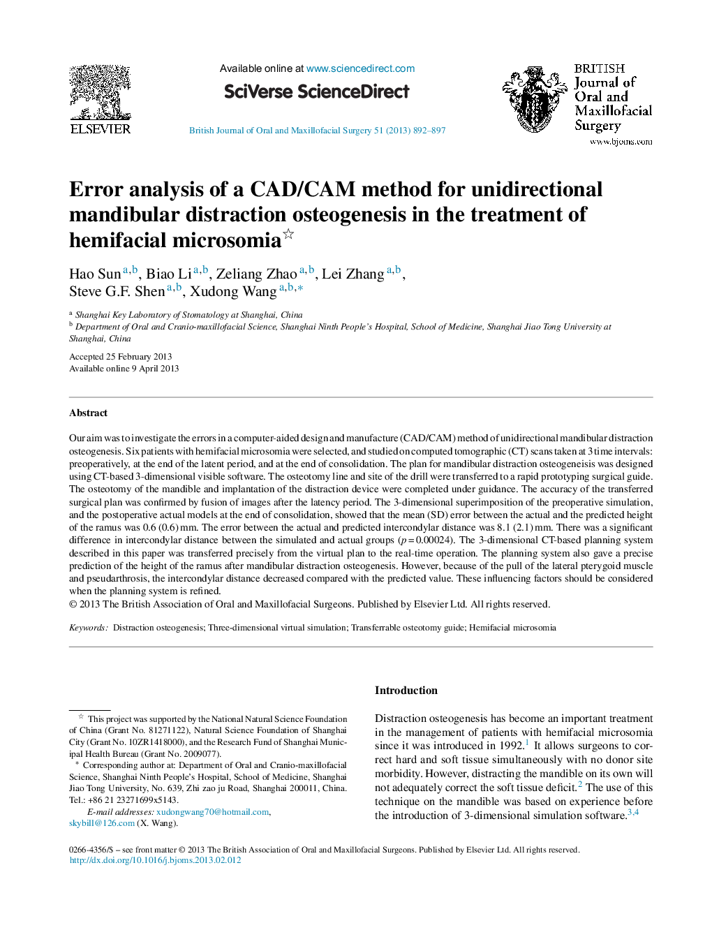 Error analysis of a CAD/CAM method for unidirectional mandibular distraction osteogenesis in the treatment of hemifacial microsomia 