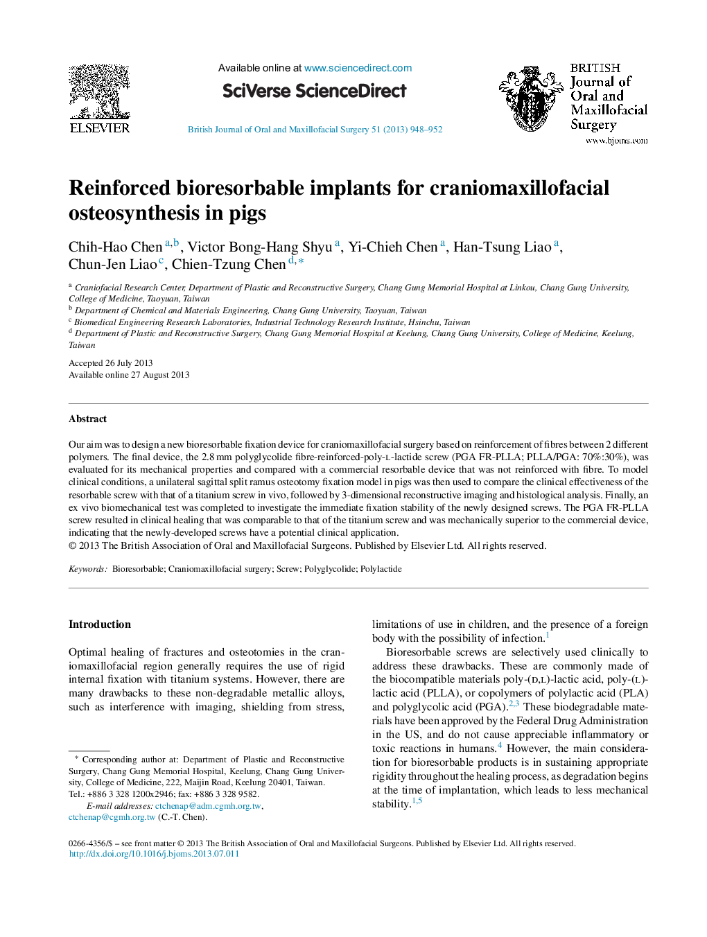 Reinforced bioresorbable implants for craniomaxillofacial osteosynthesis in pigs