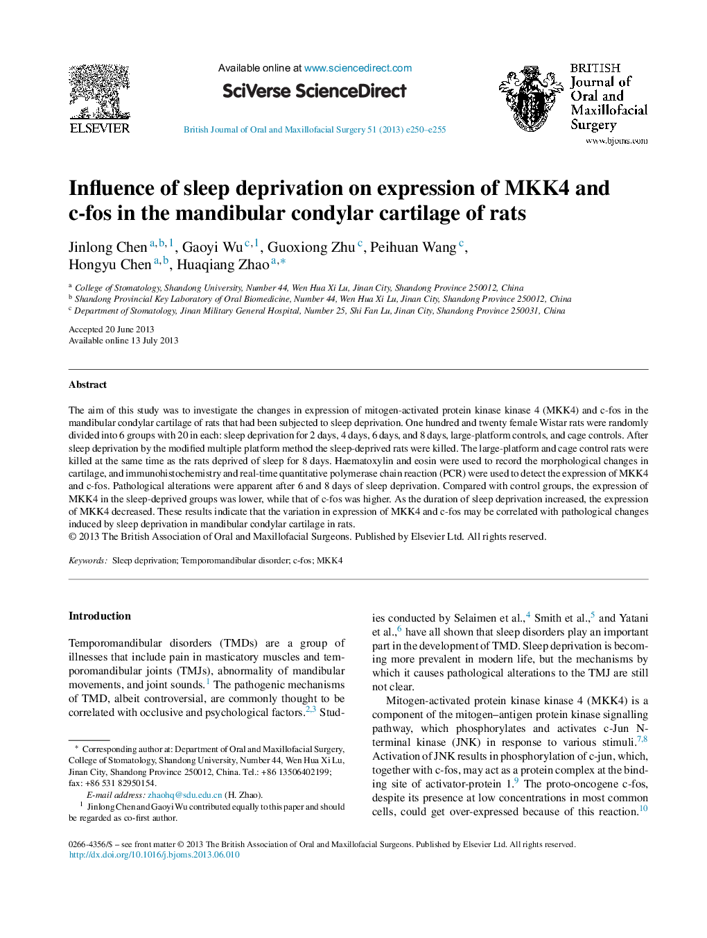 Influence of sleep deprivation on expression of MKK4 and c-fos in the mandibular condylar cartilage of rats