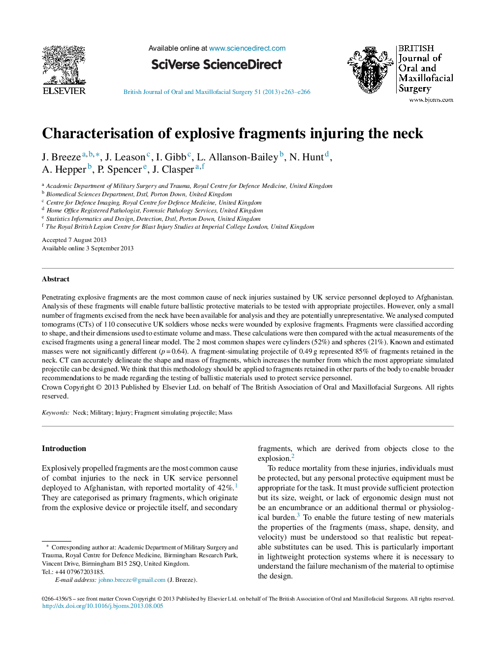 Characterisation of explosive fragments injuring the neck